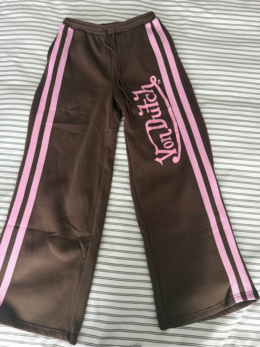 Von Dutch Brown & Pink Wide Leg Sweatpants Rhinestone Logo